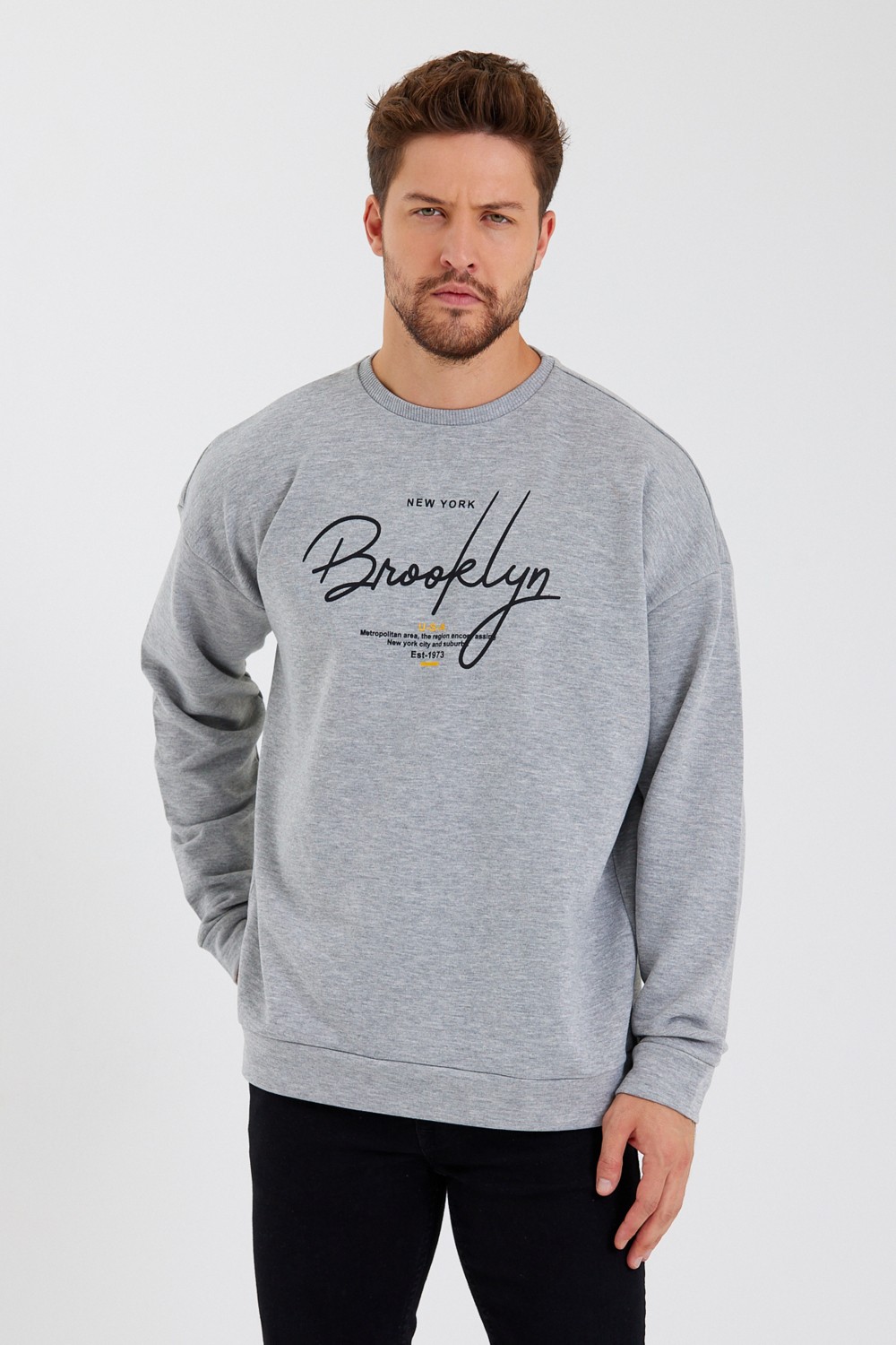 Superlife Süperlife Erkek Bisiklet Yaka Regular Fit El Yazılı Brooklyn Ince Sweatshirt SPR23SW331 görsel 2