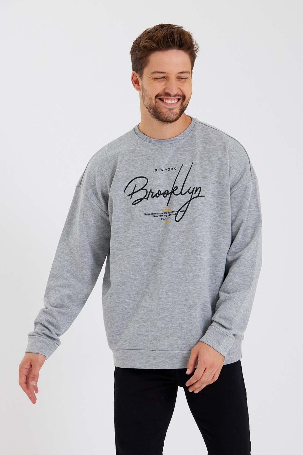Superlife Süperlife Erkek Bisiklet Yaka Regular Fit El Yazılı Brooklyn Ince Sweatshirt SPR23SW331 görsel 3