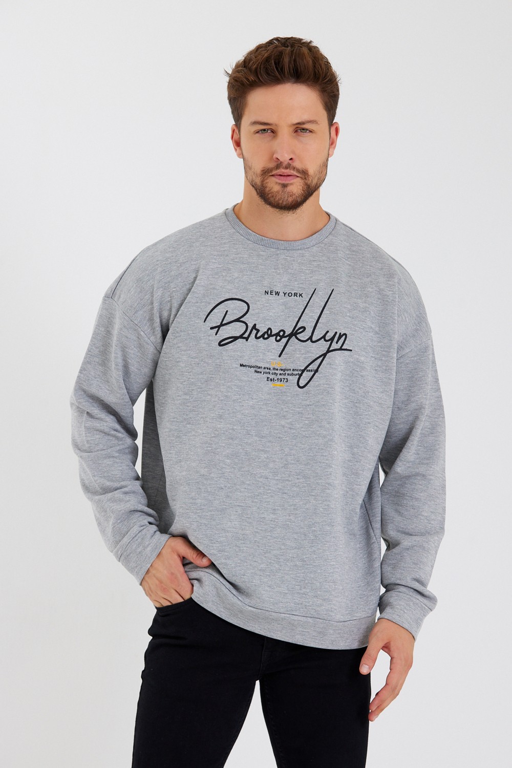Superlife Süperlife Erkek Bisiklet Yaka Regular Fit El Yazılı Brooklyn Ince Sweatshirt SPR23SW331 görsel 4