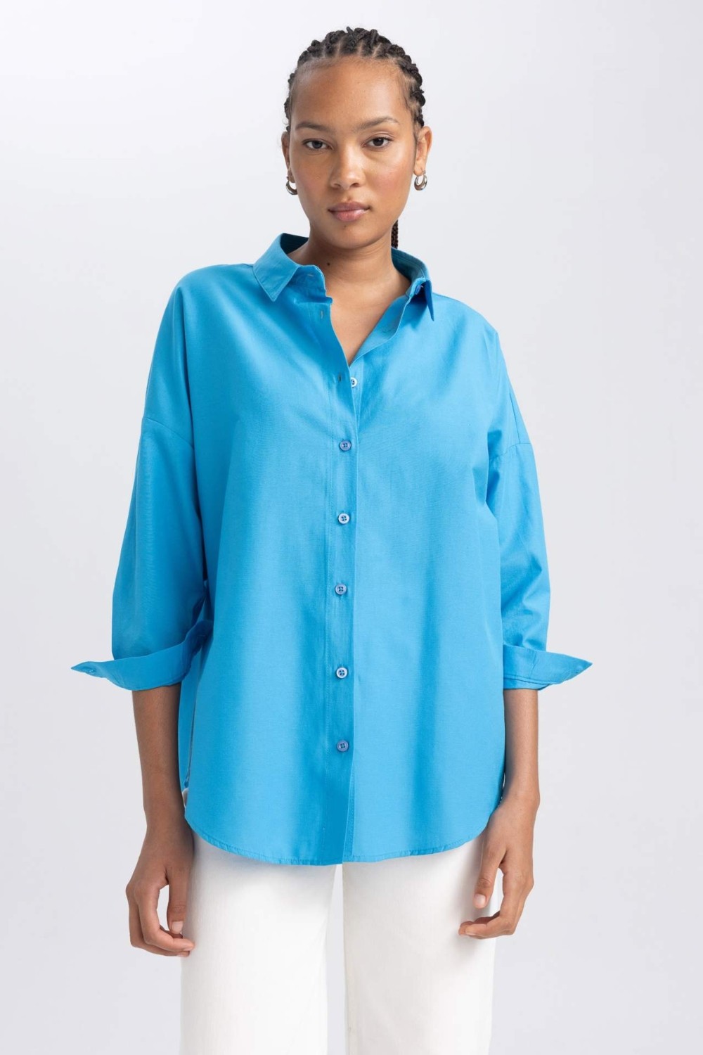 DeFacto Oversize Gömlek Yaka Poplin Uzun Kollu Tunik B0659AXNS görsel 7