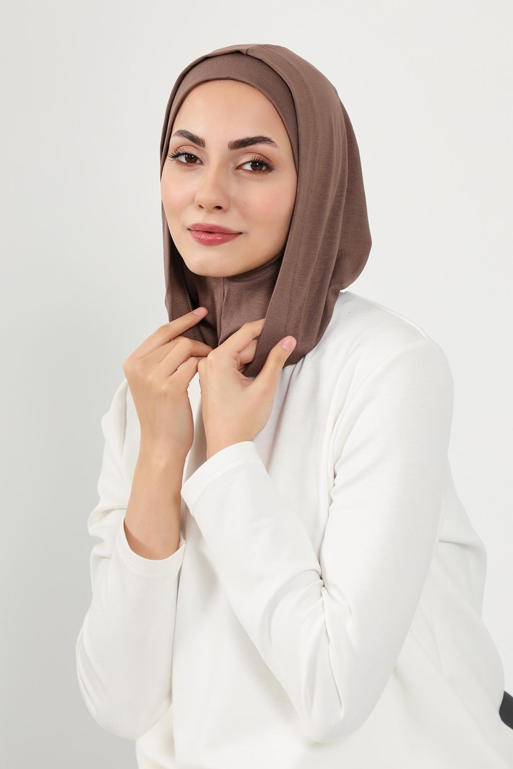 Aisha's Design Kapşon ve Kapatıcı Özellikli Penye Kadın Hazır Bone,B-89P,Pudra görsel 5
