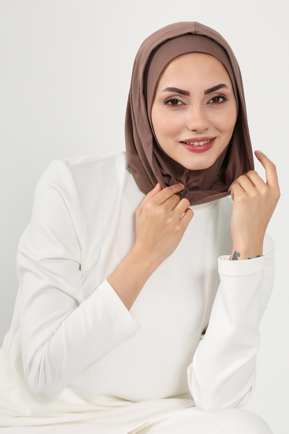 Aisha's Design Kapşon ve Kapatıcı Özellikli Penye Kadın Hazır Bone,B-89P,Pudra görsel 6