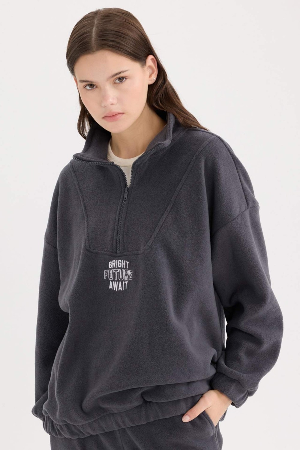DeFacto Oversize Geniş Kalıp Fermuarlı Dik Yaka Nakışlı Polar Sweatshirt Y2649AZ24WN görsel 7