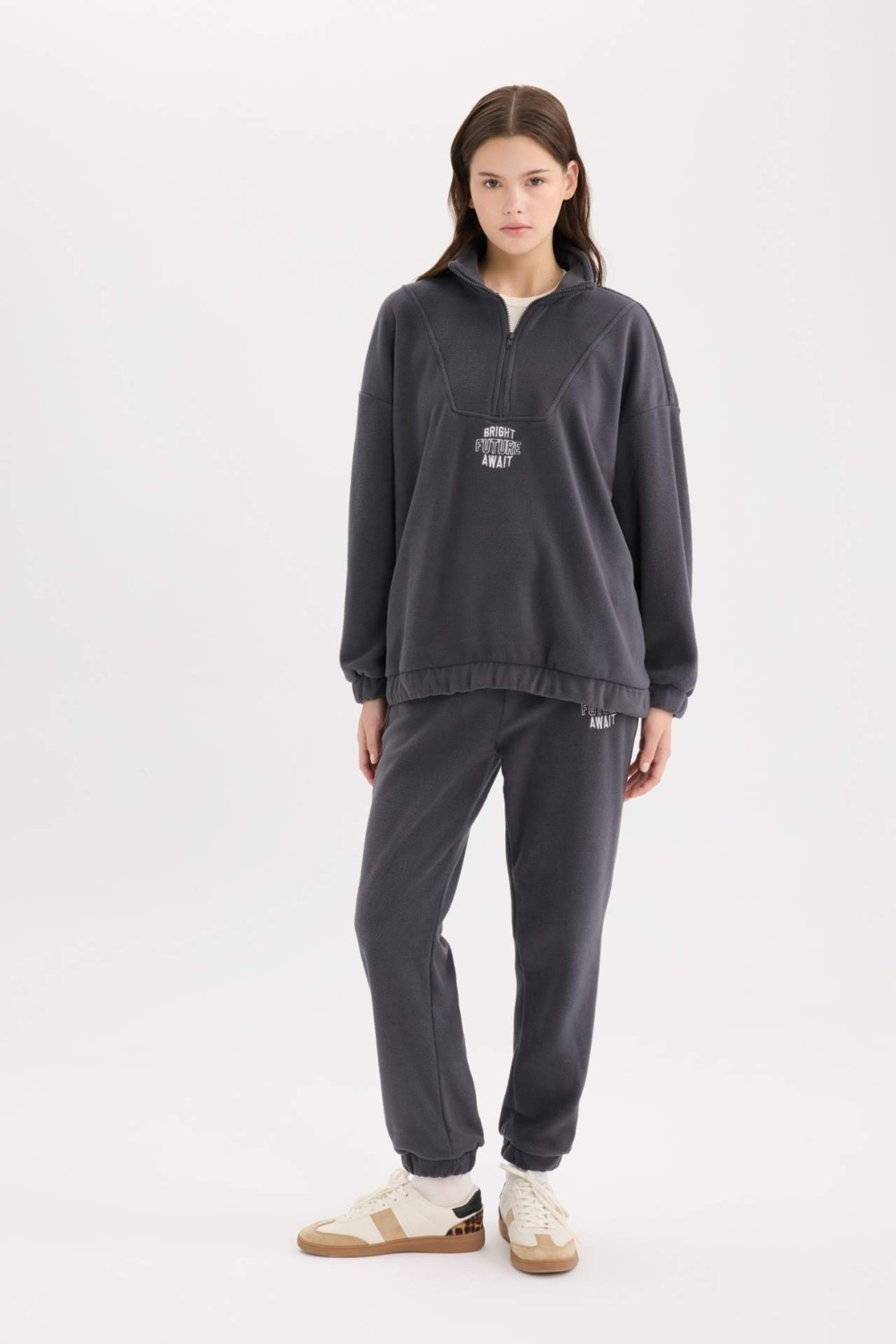 DeFacto Oversize Geniş Kalıp Fermuarlı Dik Yaka Nakışlı Polar Sweatshirt Y2649AZ24WN görsel 8