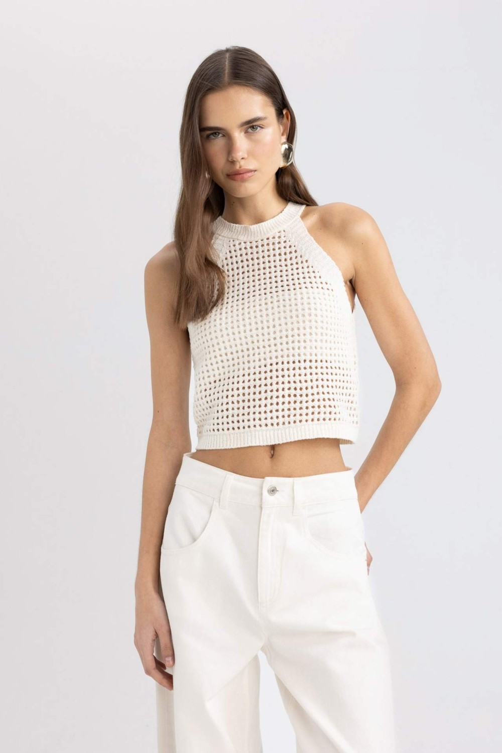 DeFacto Crop Halter Yaka Ajur Triko Atlet C4589AX24SM görsel 8