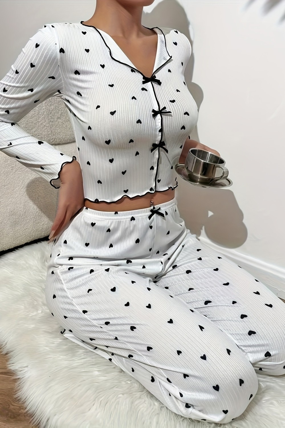 Merry See Kalp Baskılı Uzun Kollu Pijama Takımı görsel 2
