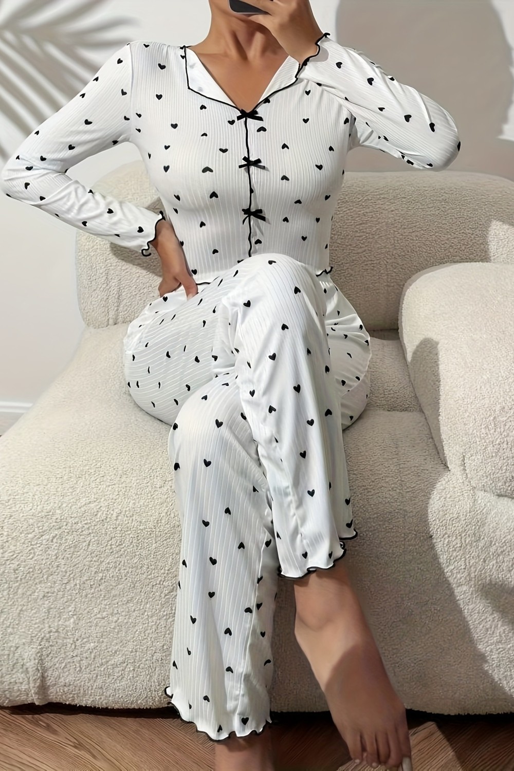 Merry See Kalp Baskılı Uzun Kollu Pijama Takımı görsel 4