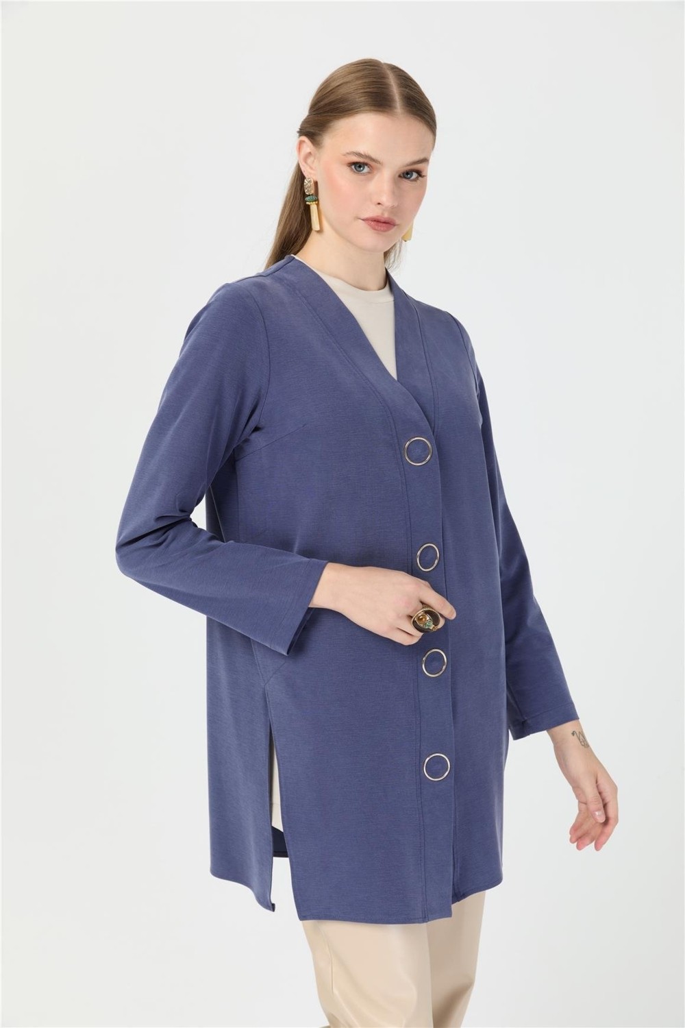 Esswaap Halka Çıtçıtlı Hırka Indigo görsel 2