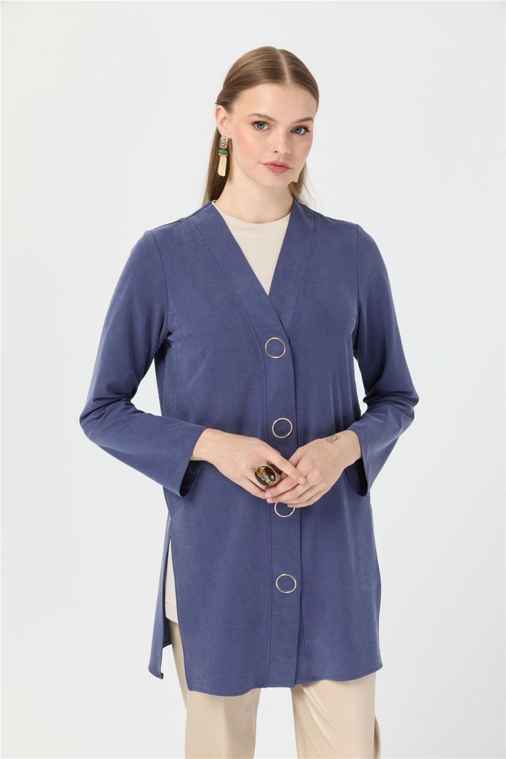 Esswaap Halka Çıtçıtlı Hırka Indigo görsel 4