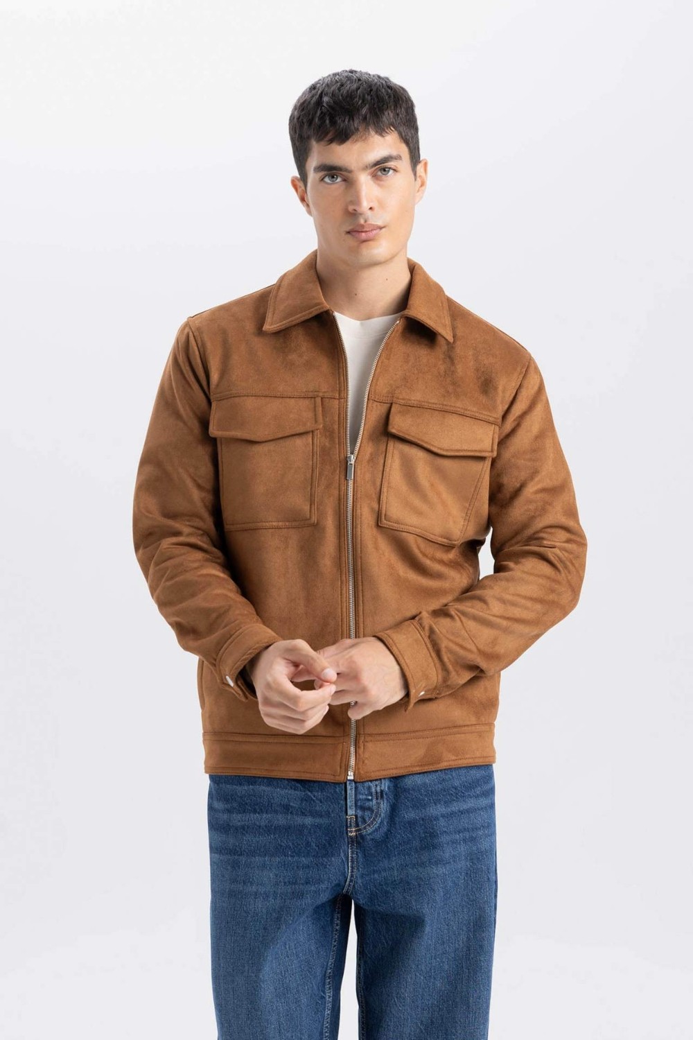 DeFacto Slim Fit Dar Kesim Süet Mont Ceket Gömlek Yaka Cepli Astarlı Y5362AZ24AU görsel 8