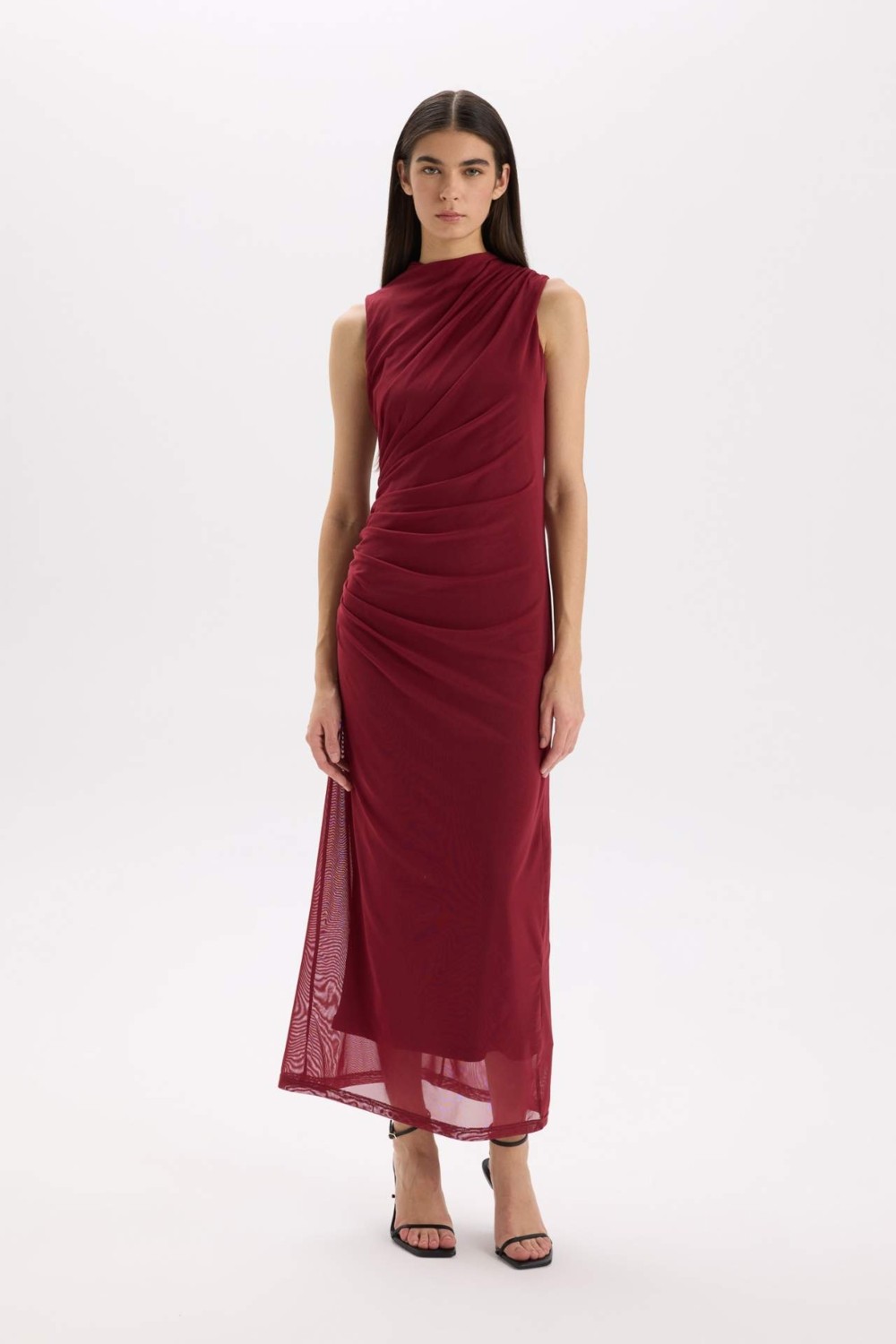 DeFacto Bodycon Vücudu Saran Yarım Balıkçı Yaka Basic Tül Maxi Abiye Elbise C3519AX24AU görsel 7