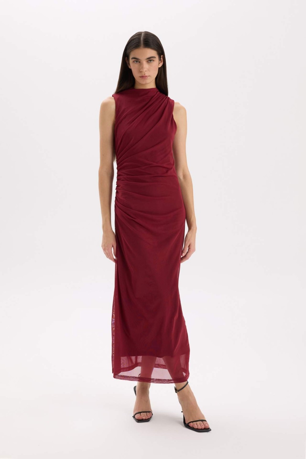 DeFacto Bodycon Vücudu Saran Yarım Balıkçı Yaka Basic Tül Maxi Abiye Elbise C3519AX24AU görsel 8