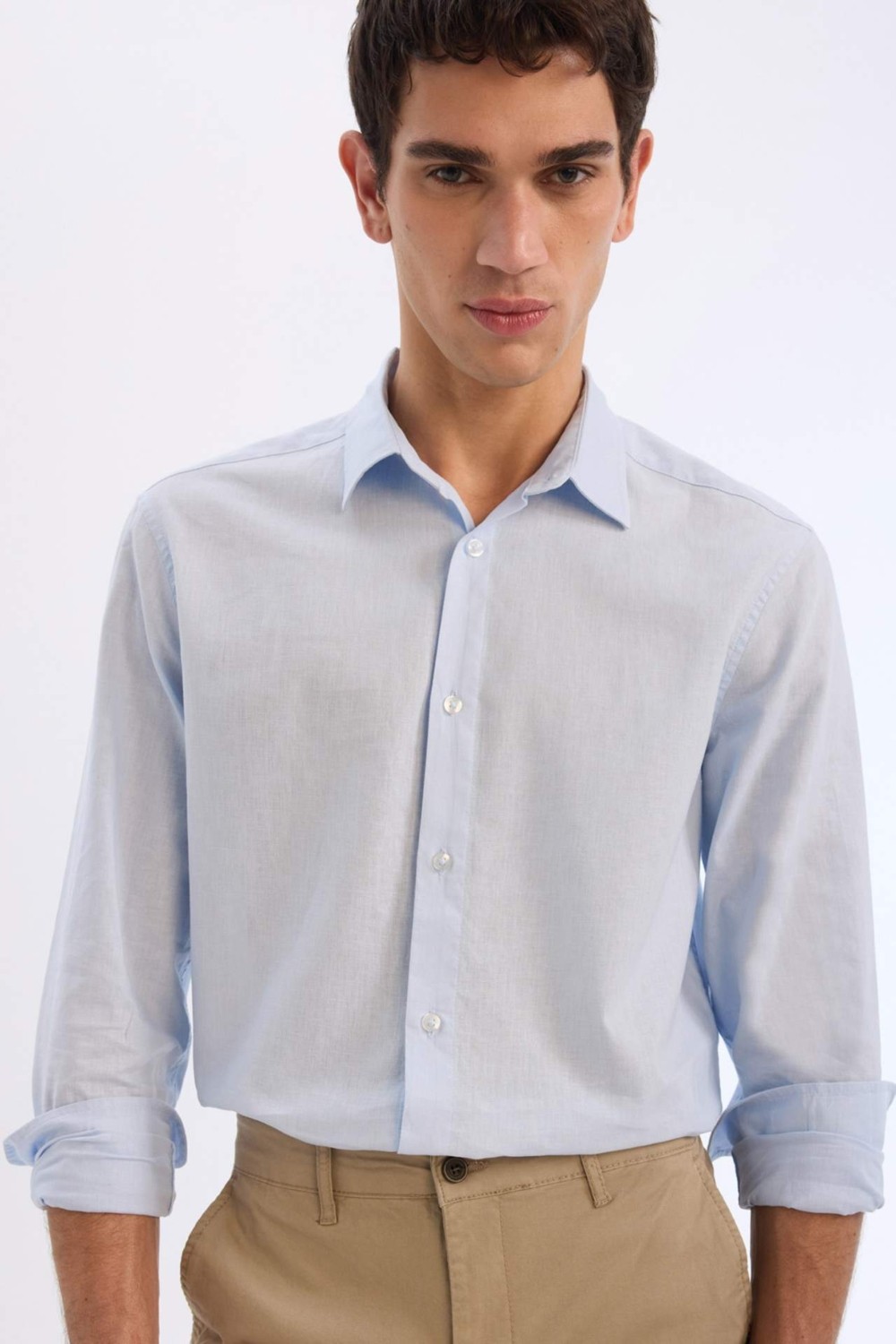 DeFacto Regular Fit Polo Yaka Keten Karışımlı Yazlık Uzun Kollu Gömlek E0518AX25SM görsel 7