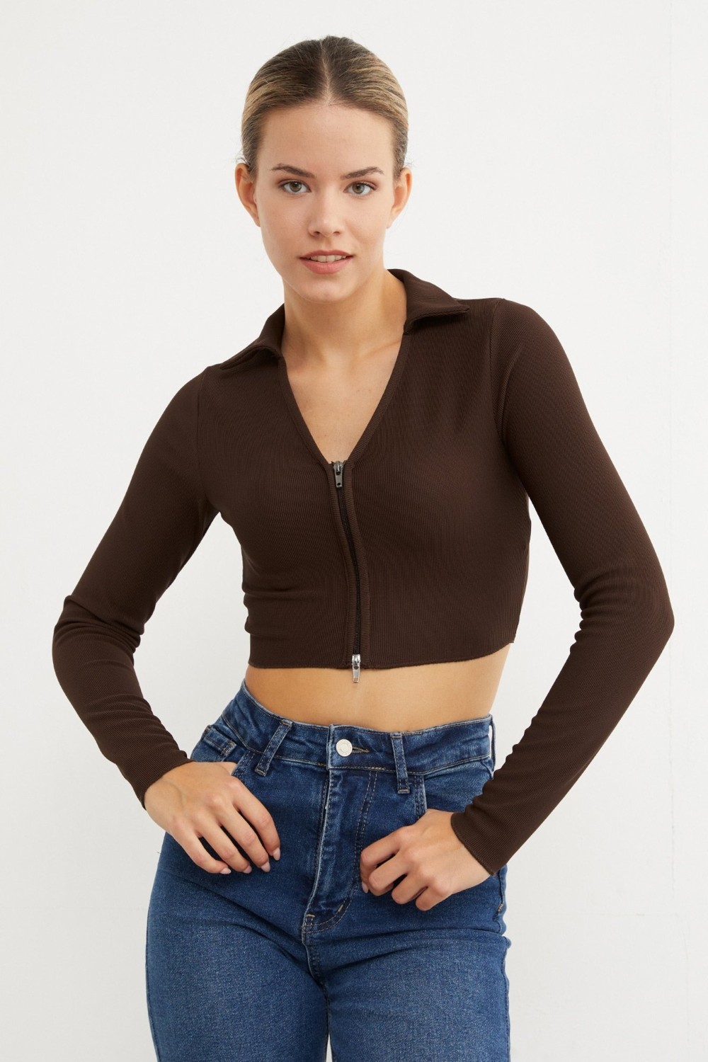 FullaModa Polo Yaka Fermuarlı Crop Body
