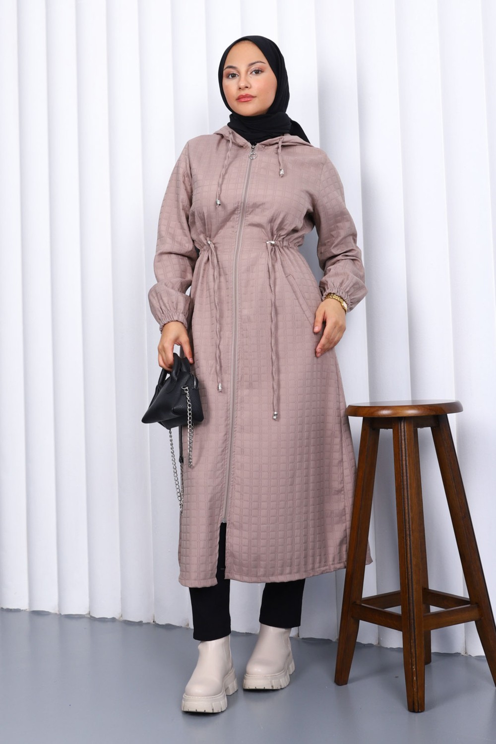 İmaj Butik Siyah Kapşonlu Büyük Beden Kapitone Uzun Kaban