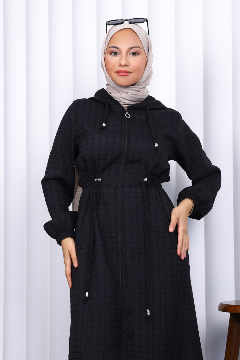 İmaj Butik Siyah Kapşonlu Büyük Beden Kapitone Uzun Kaban görsel 7
