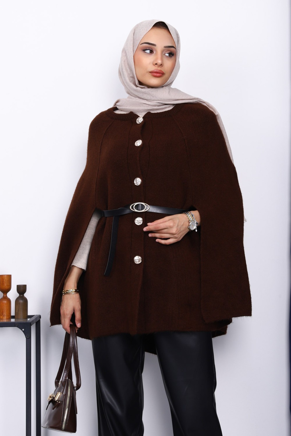 İmaj Butik Gri Kemerli Şordonlu Triko Panço