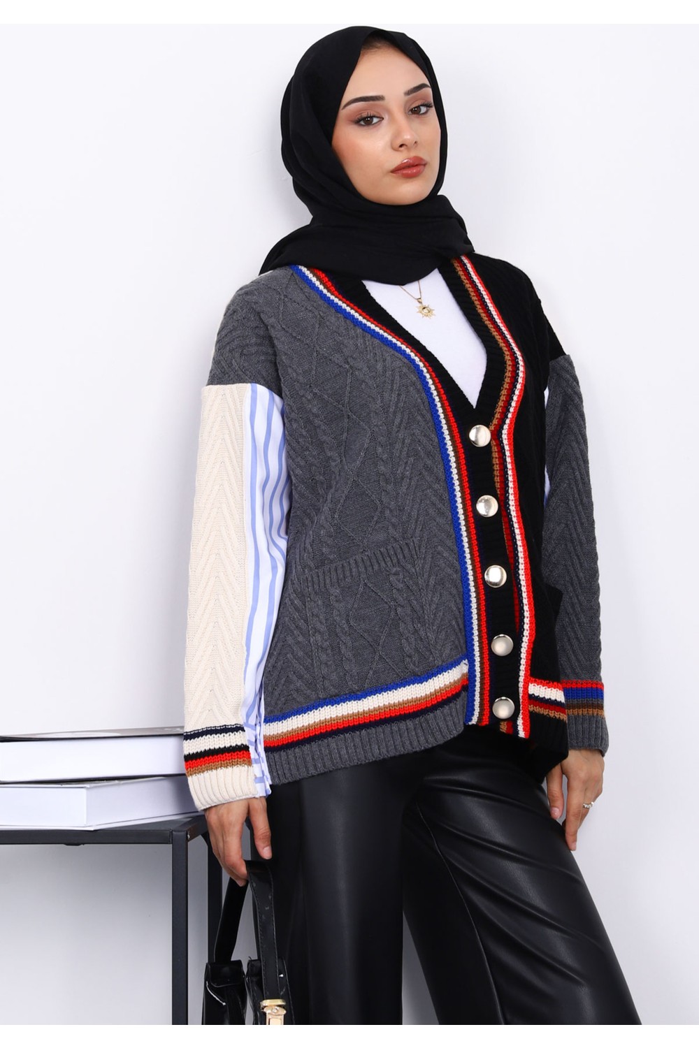 İmaj Butik Lacivert Gömlek Garnili Cepli Triko Hırka görsel 7