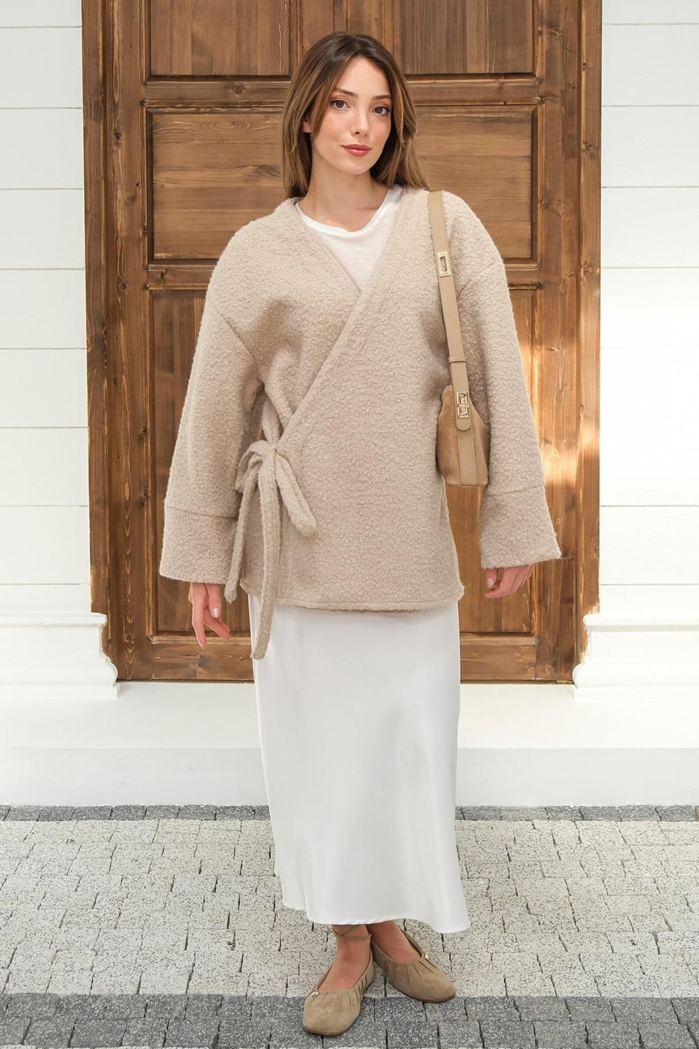 Olcay Önü Bağlamalı Buklet Kimono Ceket Taş 8265
