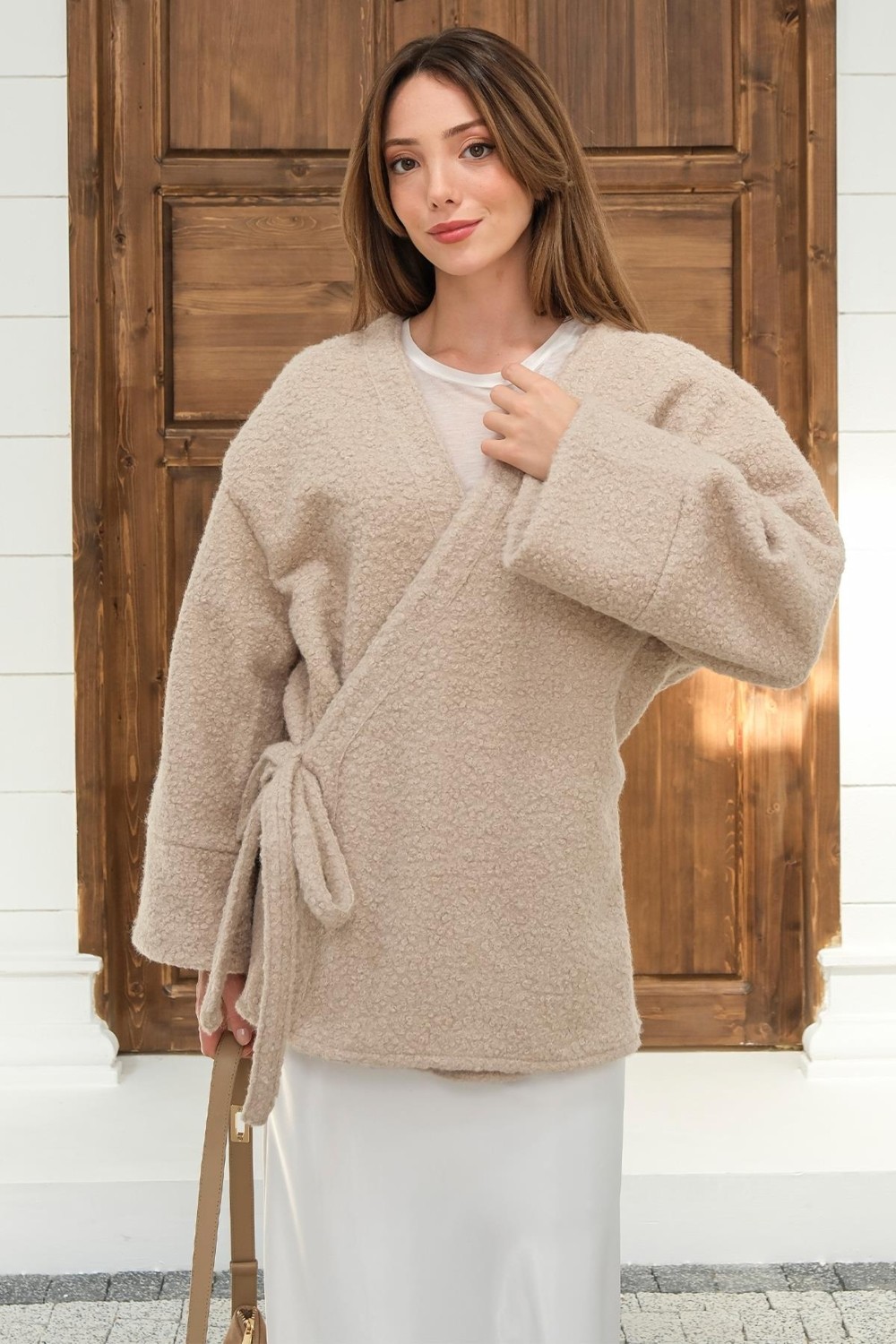 Olcay Önü Bağlamalı Buklet Kimono Ceket Taş 8265 görsel 2