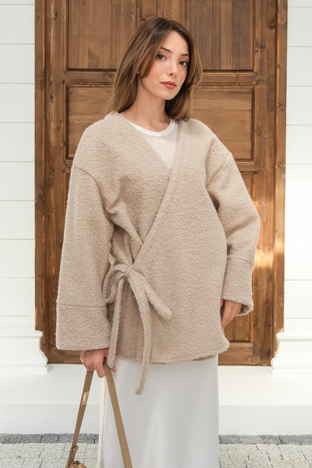 Olcay Önü Bağlamalı Buklet Kimono Ceket Taş 8265 görsel 4