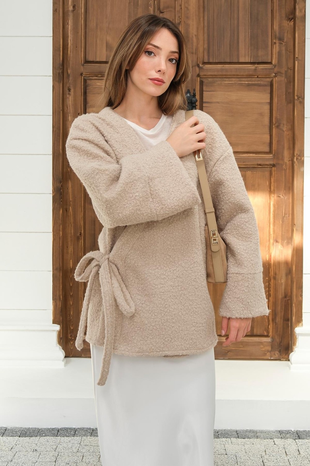 Olcay Önü Bağlamalı Buklet Kimono Ceket Taş 8265 görsel 5