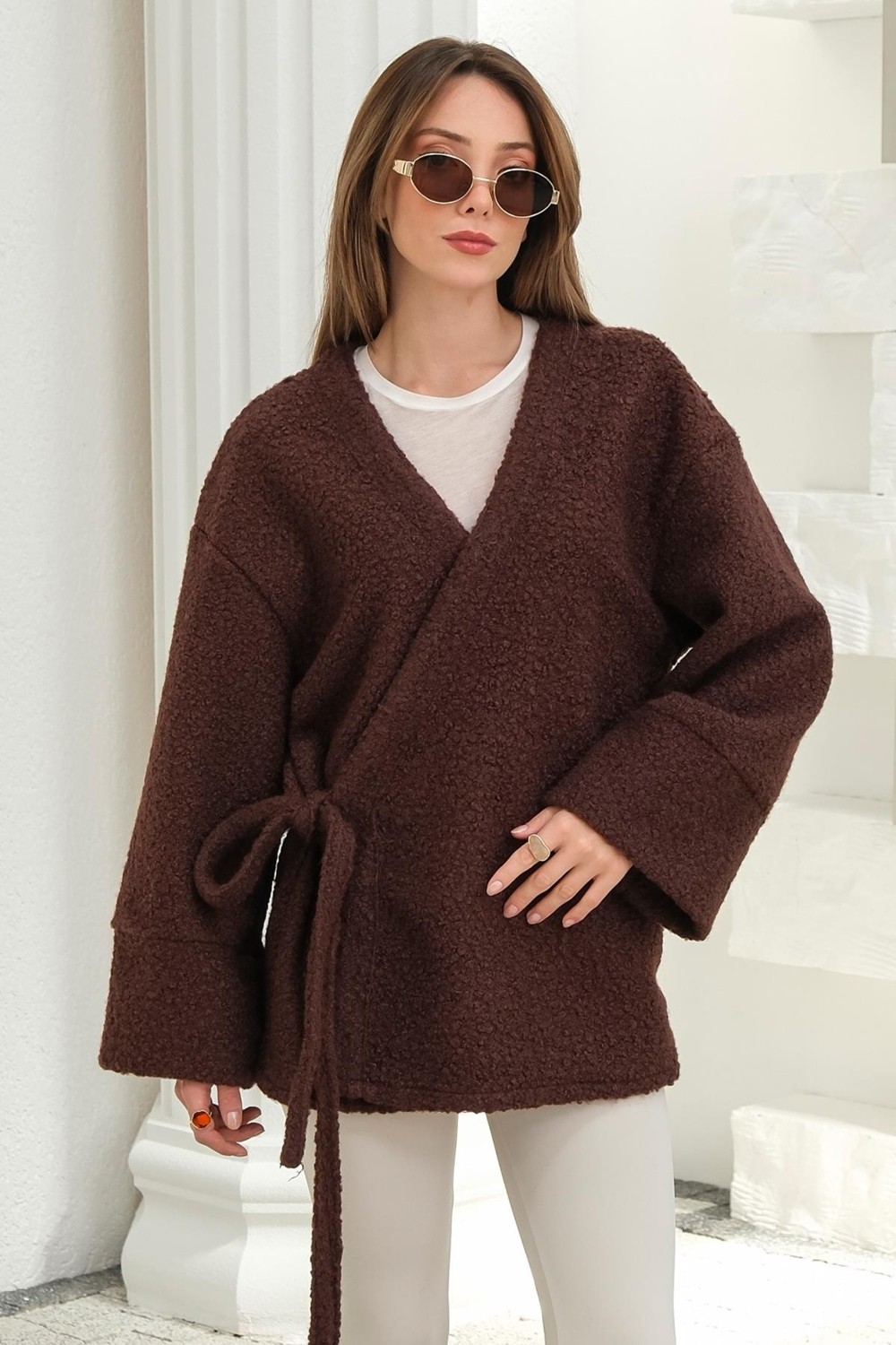 Olcay Önü Bağlamalı Buklet Kimono Ceket Kahve 8265