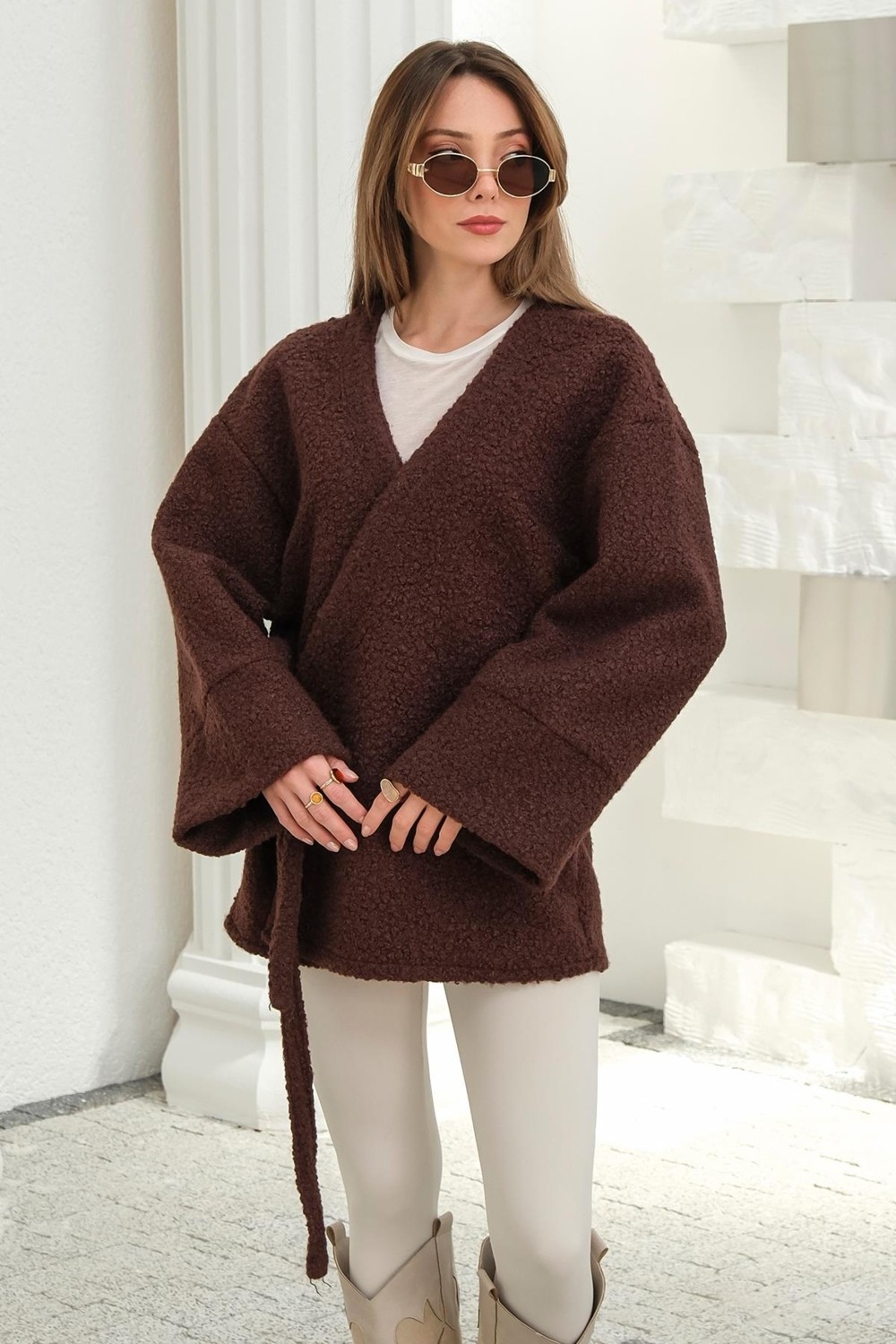 Olcay Önü Bağlamalı Buklet Kimono Ceket Kahve 8265 görsel 2