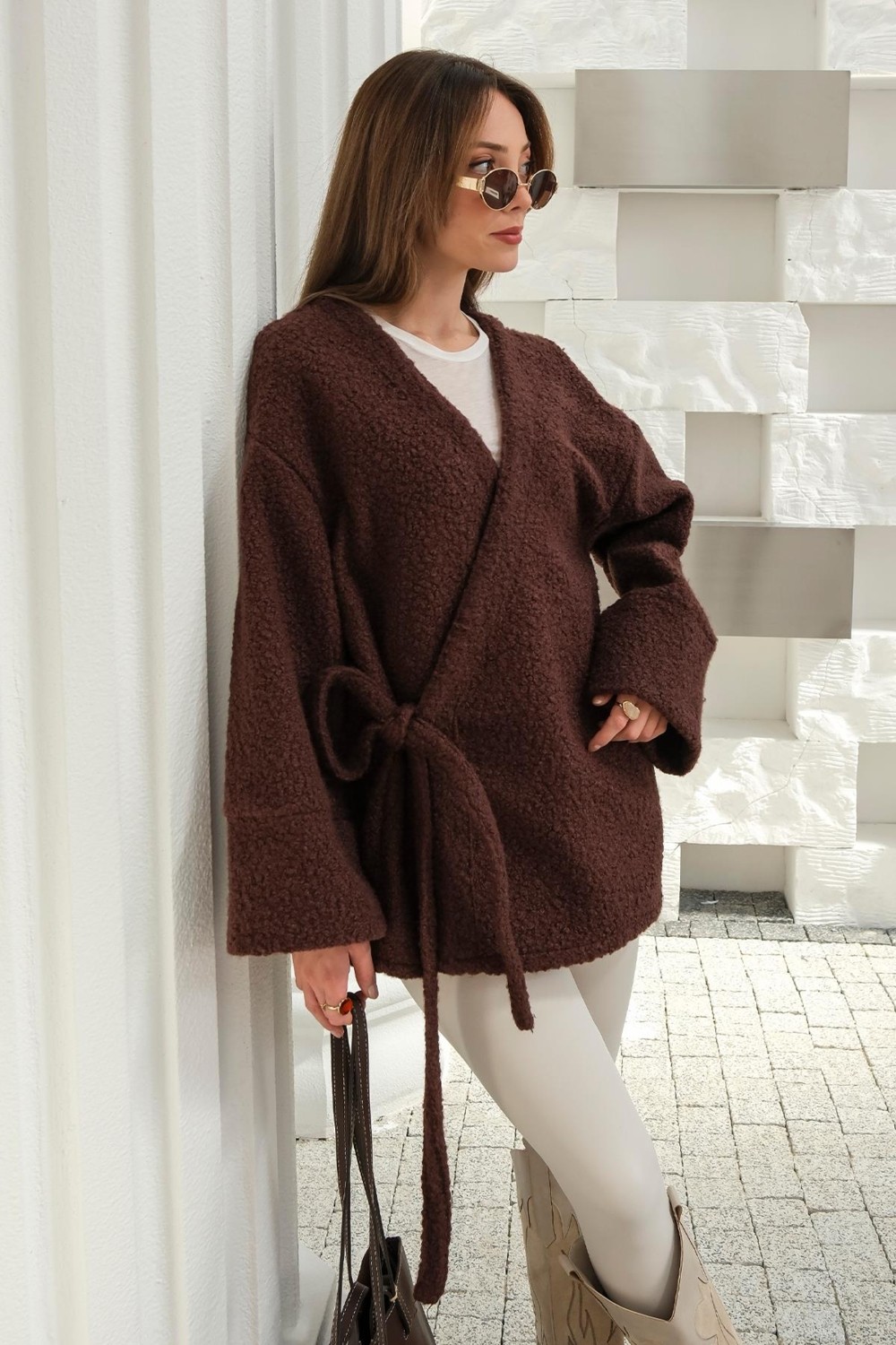 Olcay Önü Bağlamalı Buklet Kimono Ceket Kahve 8265 görsel 3