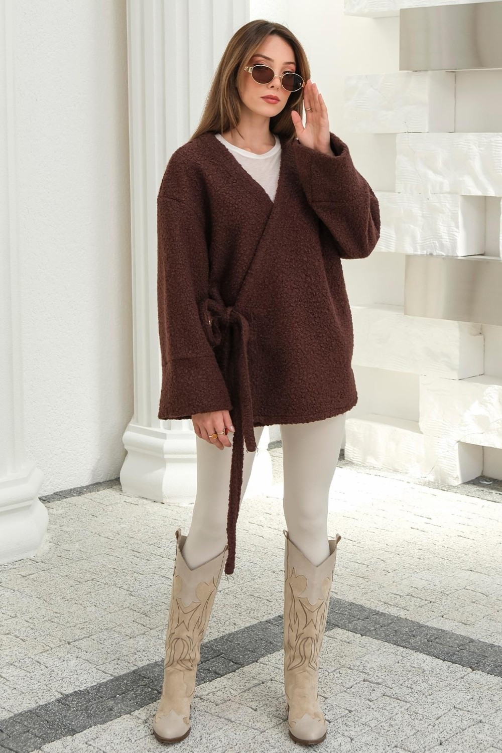 Olcay Önü Bağlamalı Buklet Kimono Ceket Kahve 8265 görsel 4