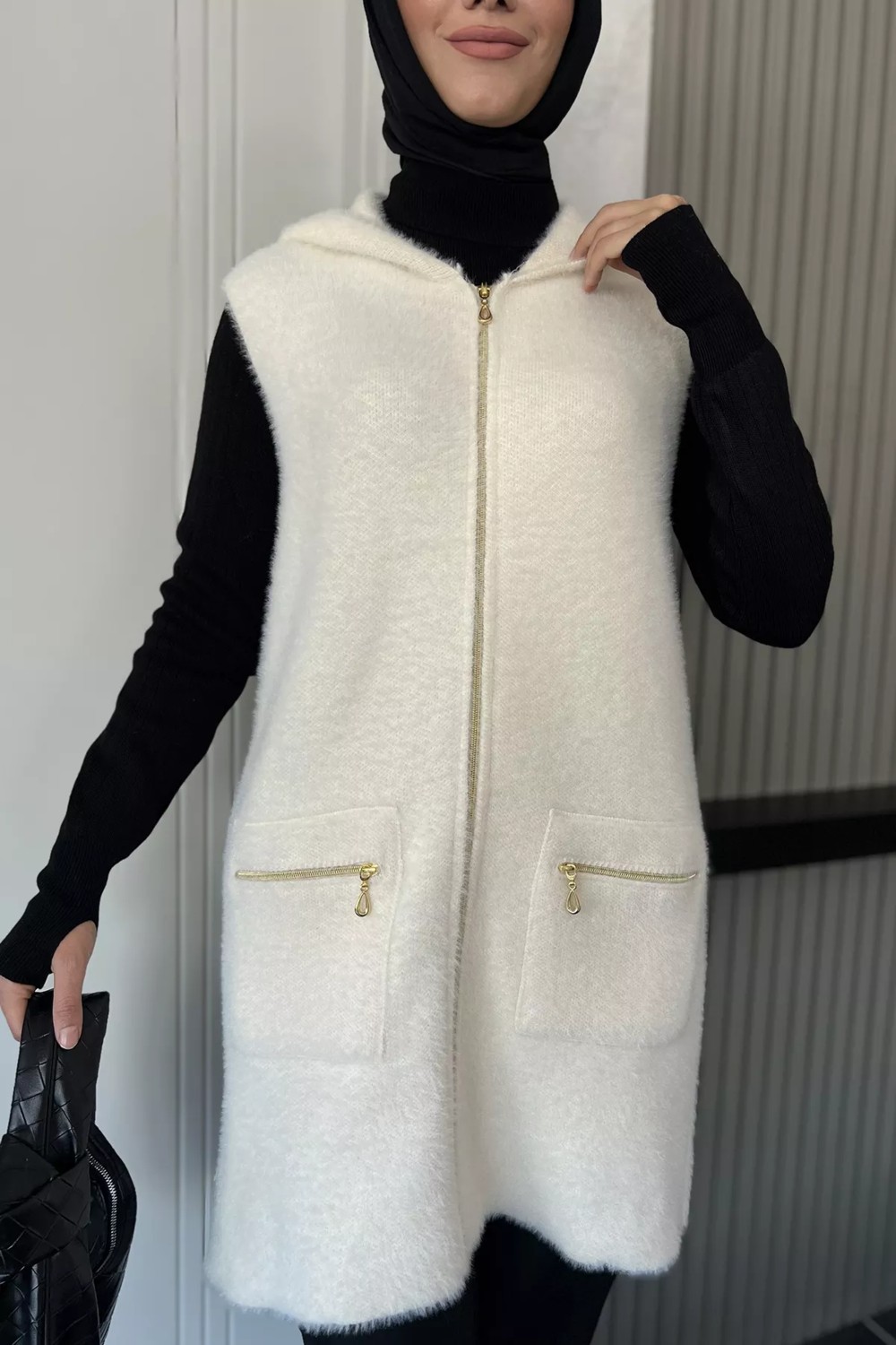 Julude Kolsuz Fermuarlı Yumoş Tesettür Triko Yelek (S,m,l,xl Uyumludur) P-00018185 görsel 3