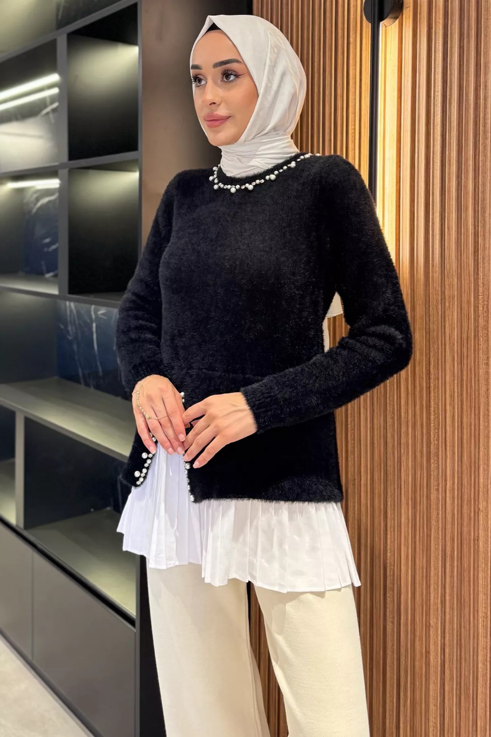 Julude Inci ve Taş Işlemeli Garnili Yumoş Tesettür Triko Kazak (S-M-L Beden Uyumludur.) P-00018071 görsel 2