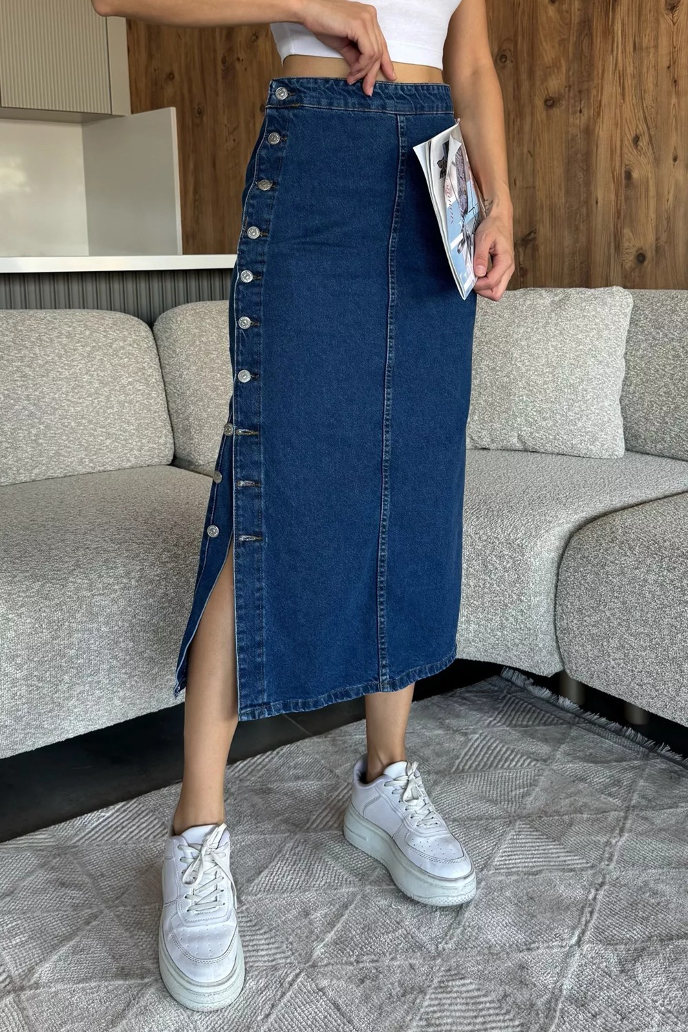 Gülseli Düğme Detaylı Jean Kot Etek P-00009838