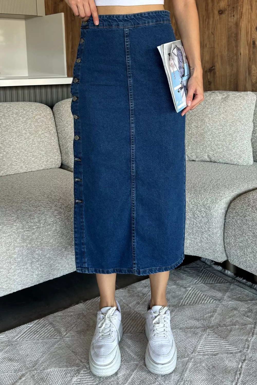 Gülseli Düğme Detaylı Jean Kot Etek P-00009838 görsel 2