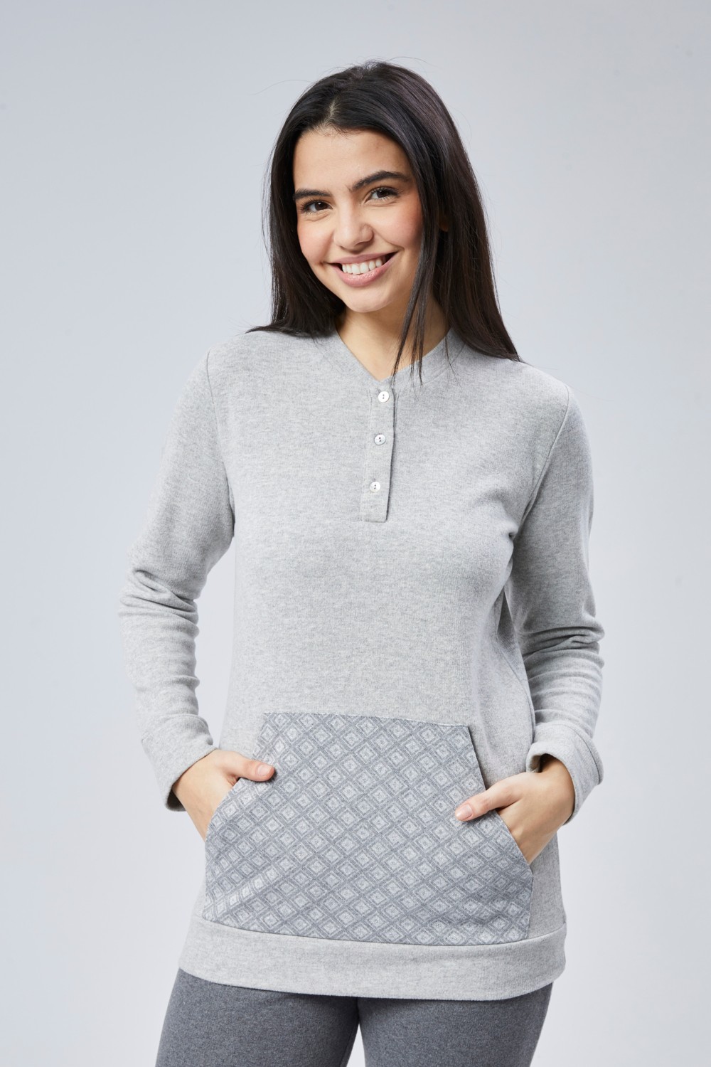 Moon Cover Mooncover Kadın Yumuşacık Kışlık Pijama Takımı, Cep Detaylı Gri