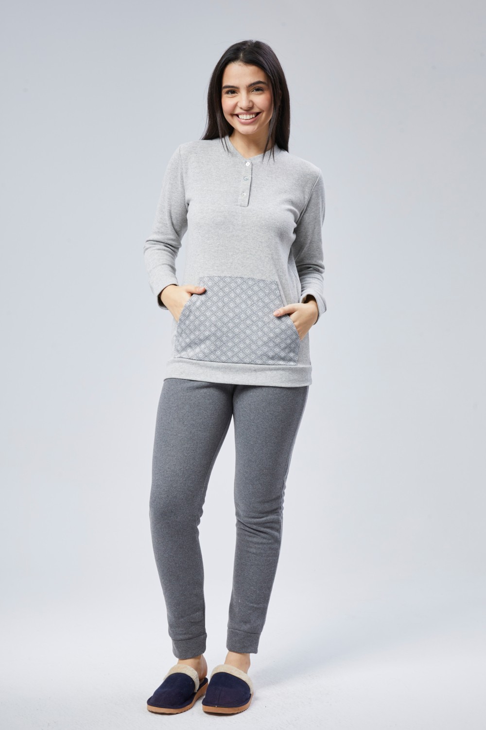 Moon Cover Mooncover Kadın Yumuşacık Kışlık Pijama Takımı, Cep Detaylı Gri görsel 2