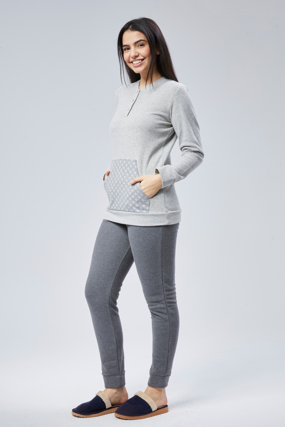 Moon Cover Mooncover Kadın Yumuşacık Kışlık Pijama Takımı, Cep Detaylı Gri görsel 3