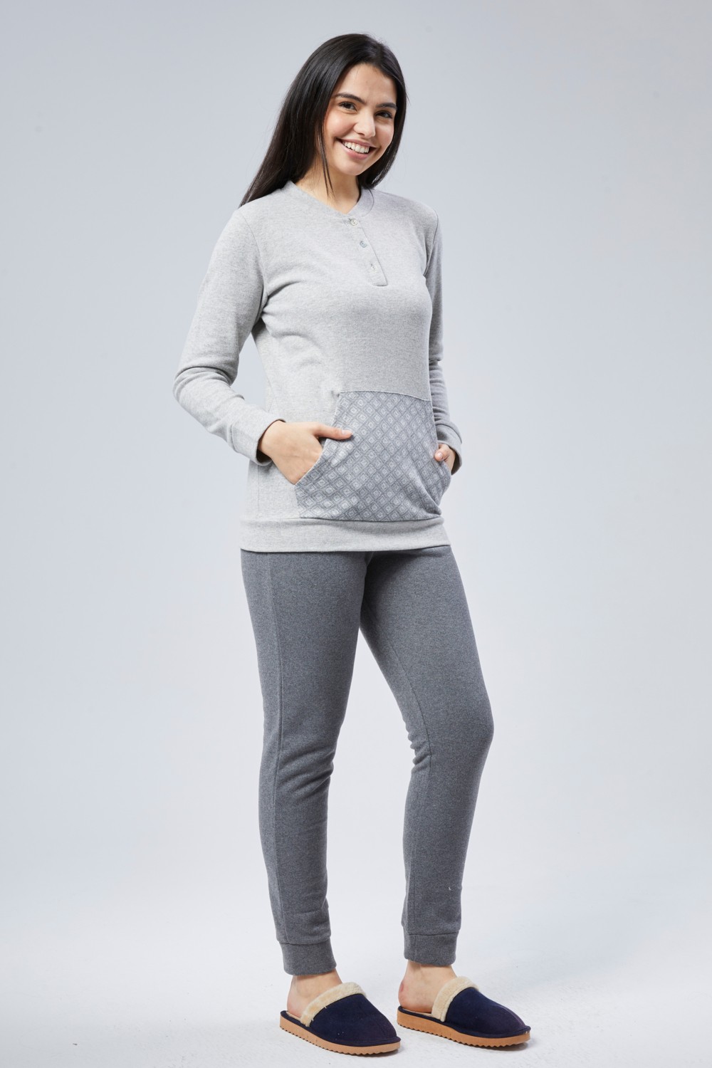 Moon Cover Mooncover Kadın Yumuşacık Kışlık Pijama Takımı, Cep Detaylı Gri görsel 4