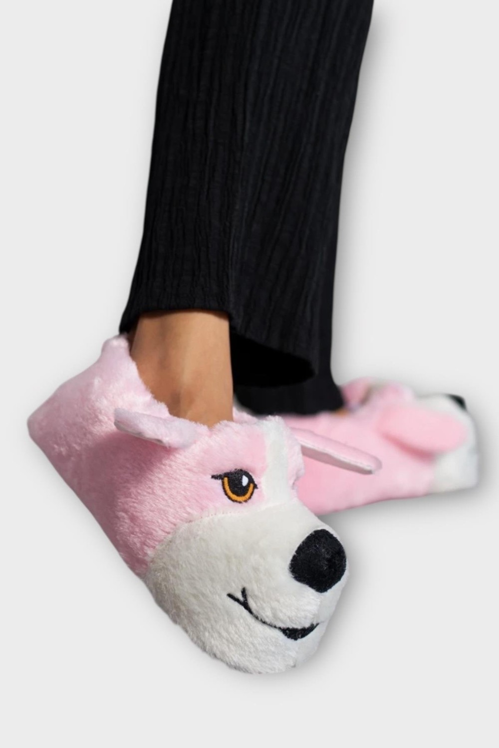 Liger Unisex Sevimli Köpek Figürlü Kaymaz ve Ses Yapmaz Taban Ev Panduf Pudra