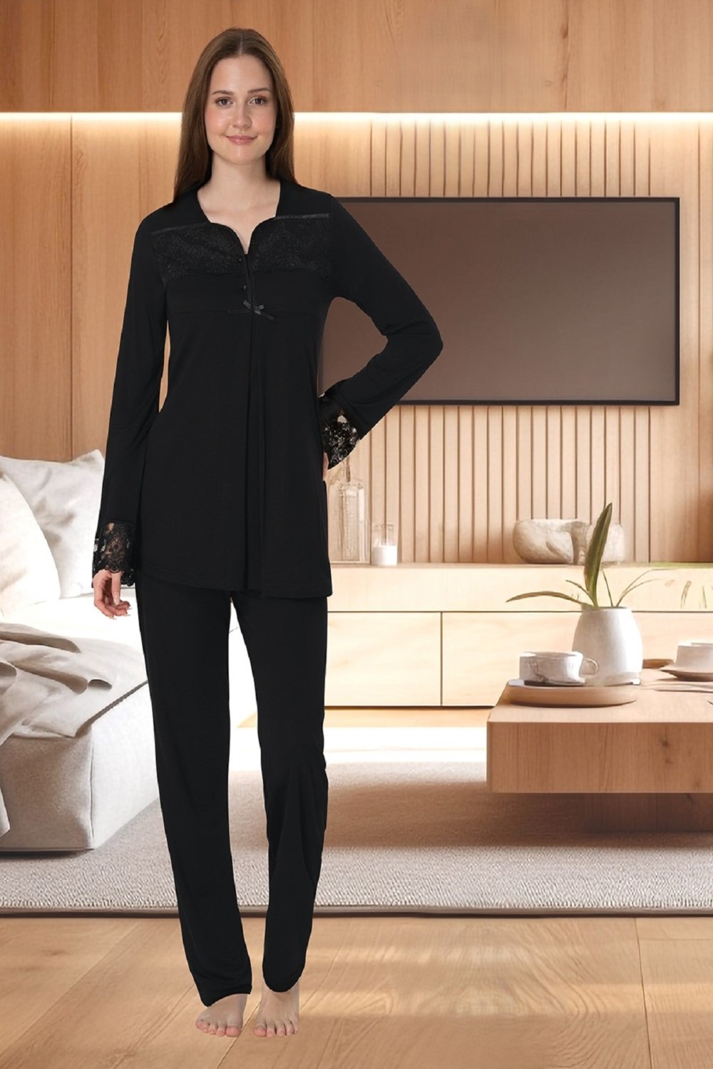 Puerpera Effortt Hamile Lohusa Dantelli Uzun Kollu Pijama Takımı 4082