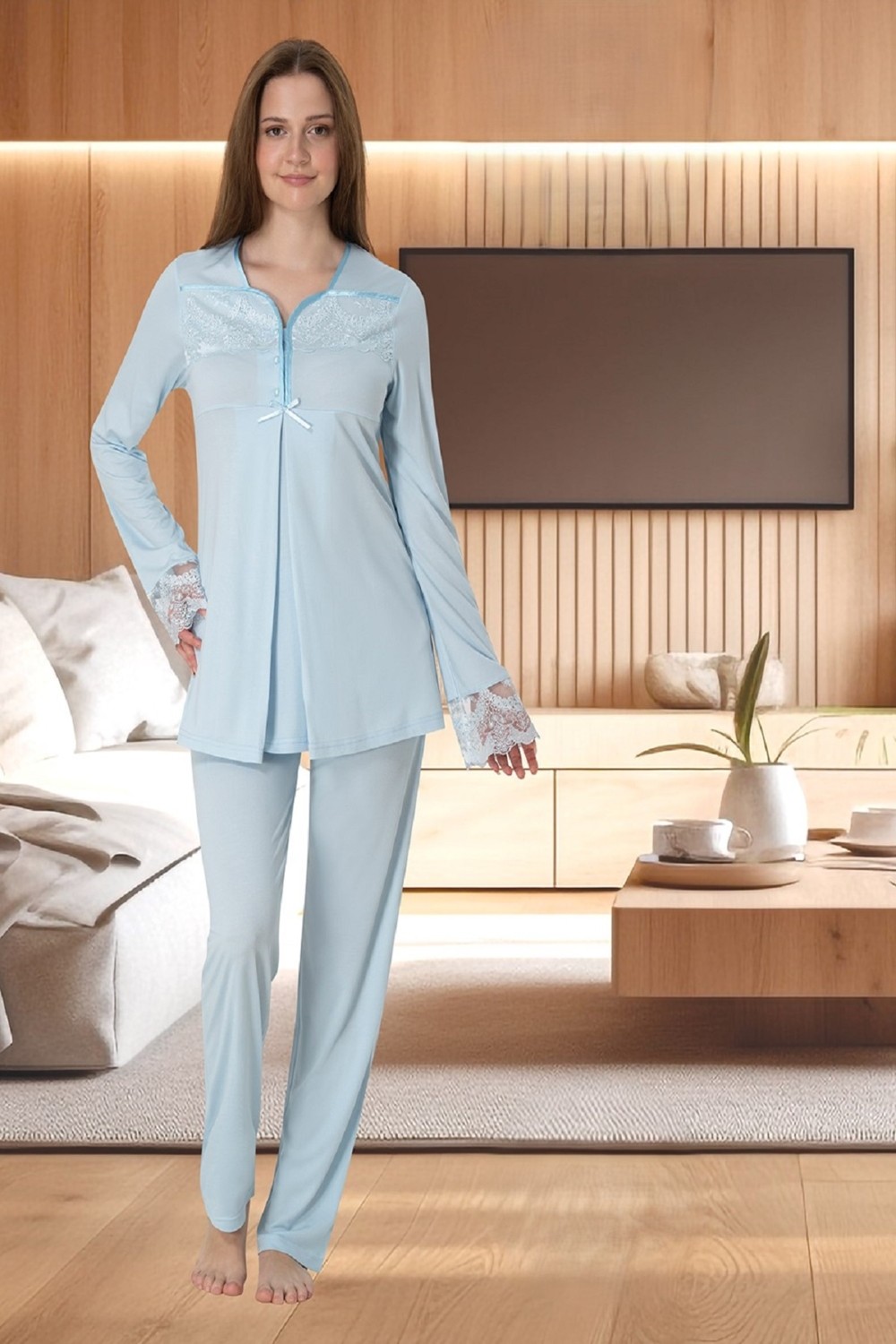 Puerpera Effortt Hamile Lohusa Dantelli Uzun Kollu Pijama Takımı 4082