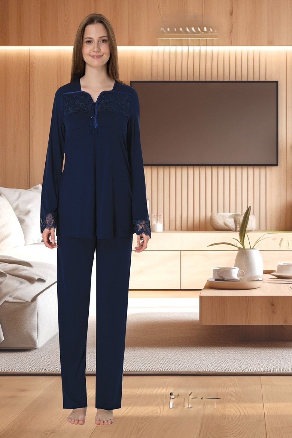 Puerpera Effortt Hamile Lohusa Dantelli Uzun Kollu Pijama Takımı 4082 görsel 7