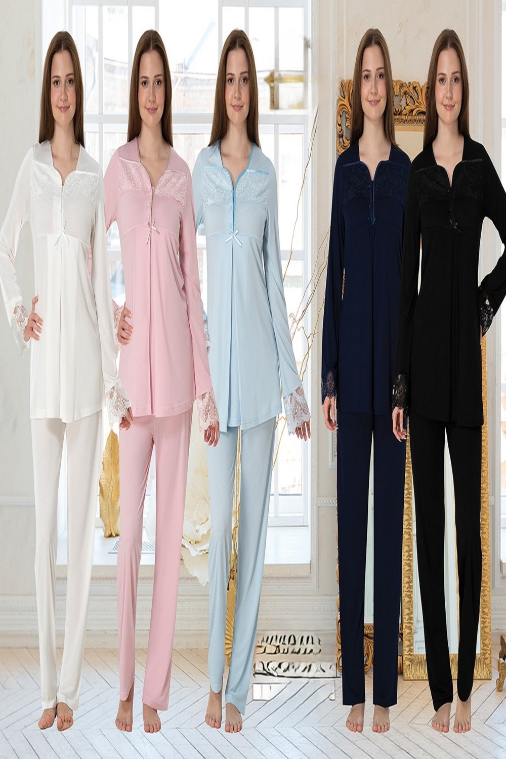 Puerpera Effortt Hamile Lohusa Dantelli Uzun Kollu Pijama Takımı 4082 görsel 8