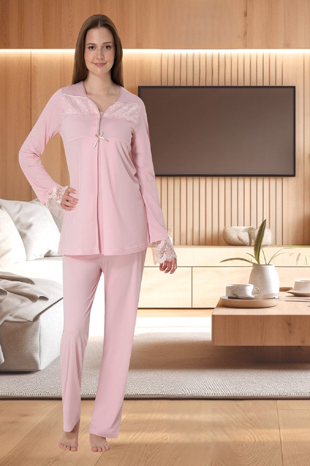 Puerpera Effortt Hamile Lohusa Dantelli Uzun Kollu Pijama Takımı 4082