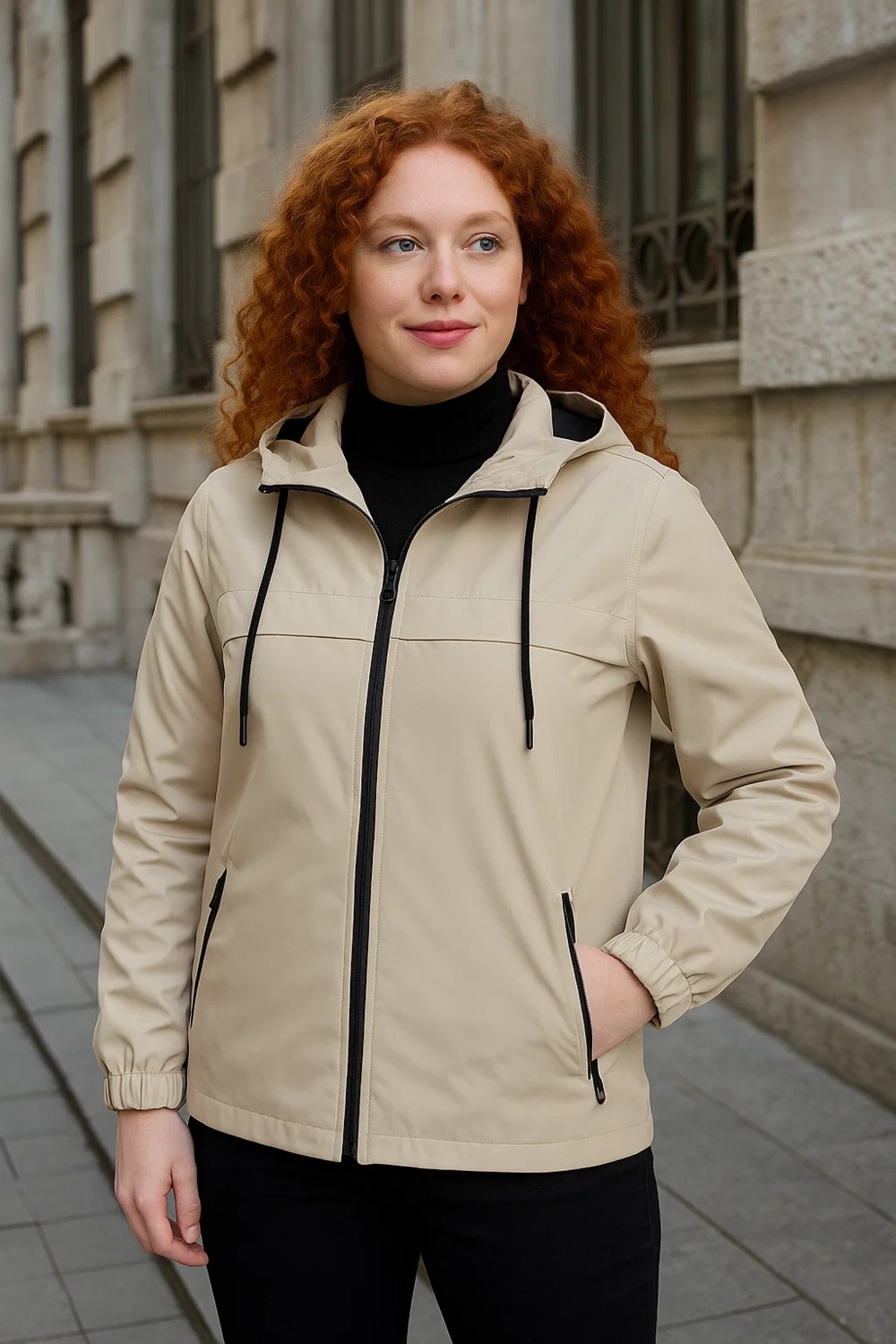 Comstar Kadın Taş Rüzgarlık & Yağmurluk Kapşonlu Hafif Uzun Kol Slim Fit Tasarım görsel 2