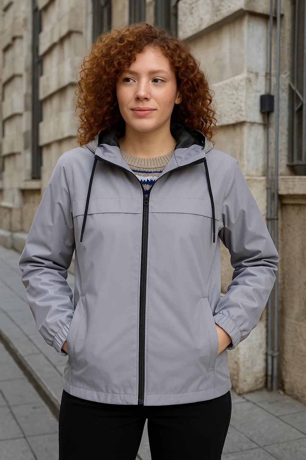 Comstar Kadın Taş Rüzgarlık & Yağmurluk Kapşonlu Hafif Uzun Kol Slim Fit Tasarım