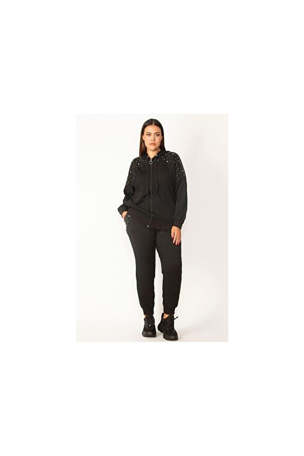 Şans Kadın Büyük Beden Saks Ön Fermuarlı Taş Detaylı Kapşonlu Sweatshirt Pantolon Ikili Takım 26A28091 görsel 5
