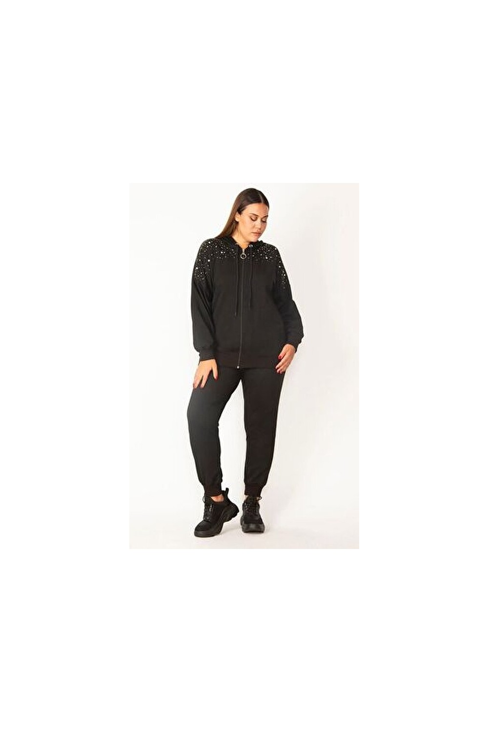 Şans Kadın Büyük Beden Saks Ön Fermuarlı Taş Detaylı Kapşonlu Sweatshirt Pantolon Ikili Takım 26A28091 görsel 7