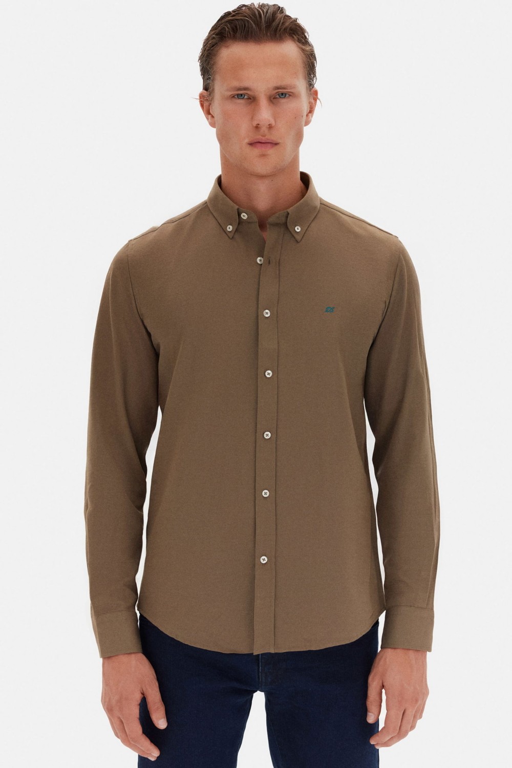 D'S Damat Slim Fit Bej Oxford Düğmeli Yaka Kolay Ütülenebilir Nakış Detaylı Pamuklu Gömlek 4HC02ORT03265