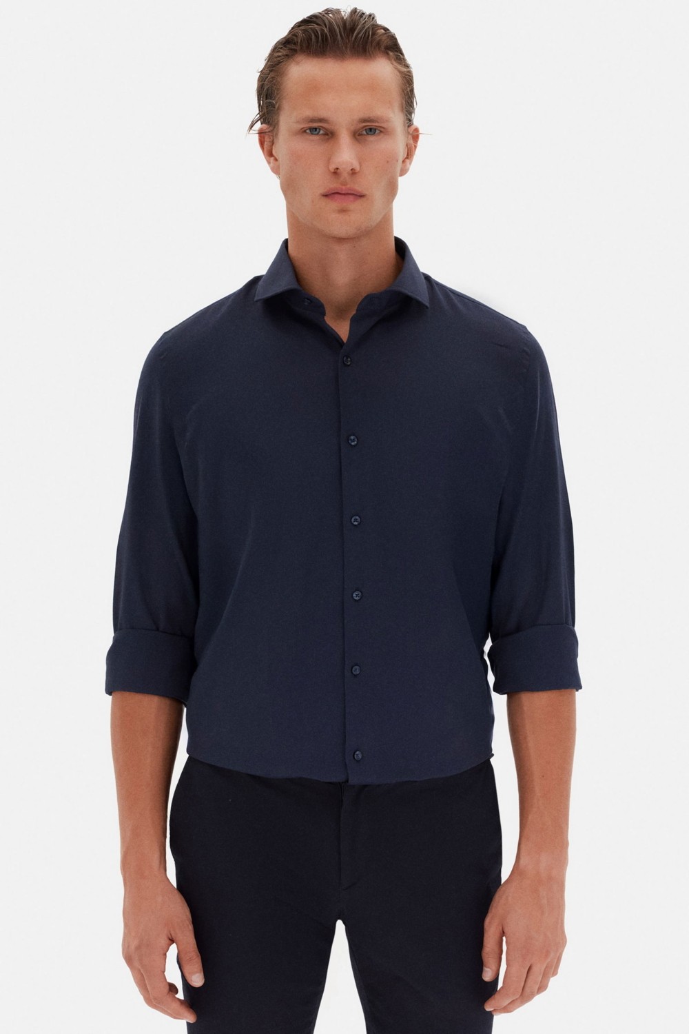 D'S Damat Slim Fit Mavi Italyan Yaka Armürlü Uzun Kollu Kolay Ütülenebilir Nefes Alan Dört Mevsim Göm 2HF02ORT3185 görsel 2